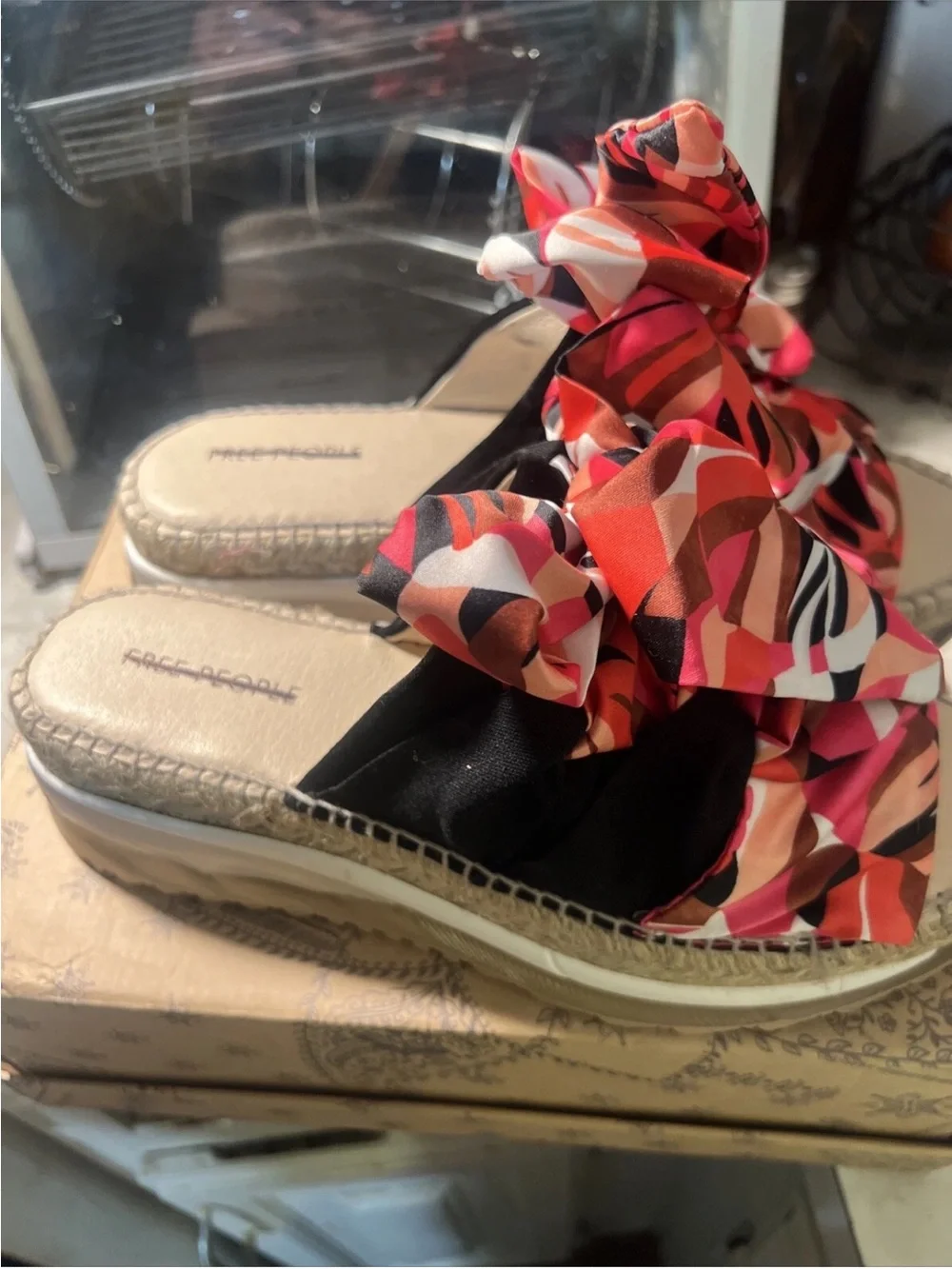 NIB Free People Chapmin Sport Sandal Sneaker Espadrille Ribbons Black Red 38 /8